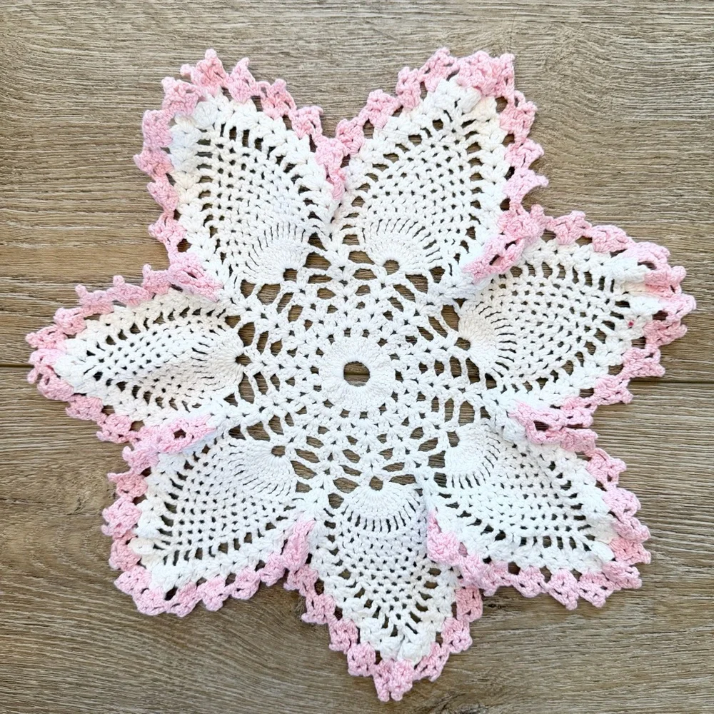 Hand Crochet Doily Bundle of 3 Round Pastels Pink‎ Scalloped Trim Rectangular